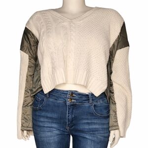 POL Ivory Cable Knit Sweater w Olive Quilted Sleeves Large NWOT